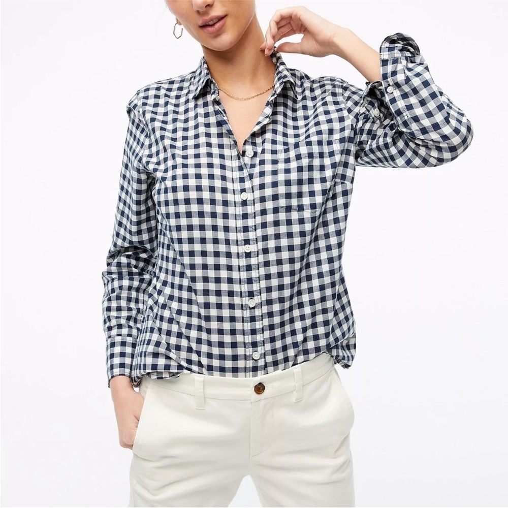 J.Crew Fit Navy White Gingham Check Button Down Shirt Petite‎ XS PXS